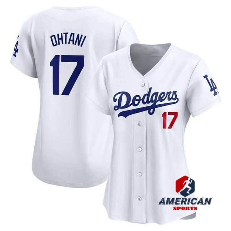 เสื้อเบสบอลสีขาวเย็บ Los Angeles Dodgers Shohei Ohtani สําหรับผู้หญิง