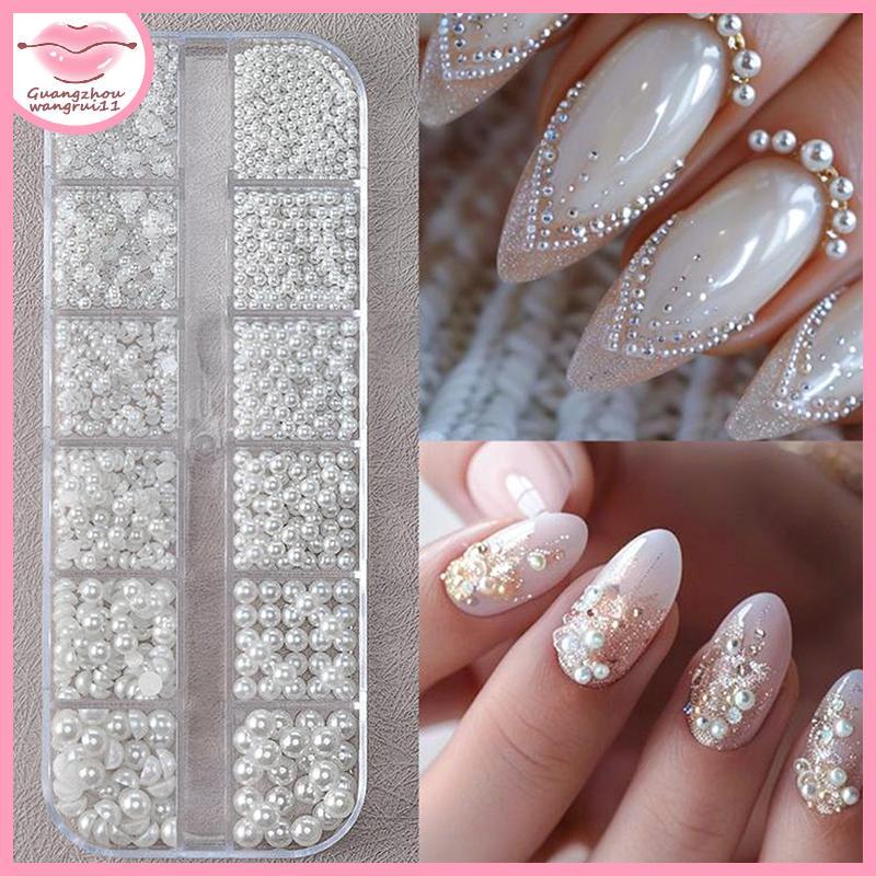 [GZ] 12Grids 3D ผสมไข่มุกสีขาวเล็บ Charms 0.15-0.5 มม.รอบ/ครึ่งวงกลมลูกปัดมุกเล็บ Rhinestones DIY อุ