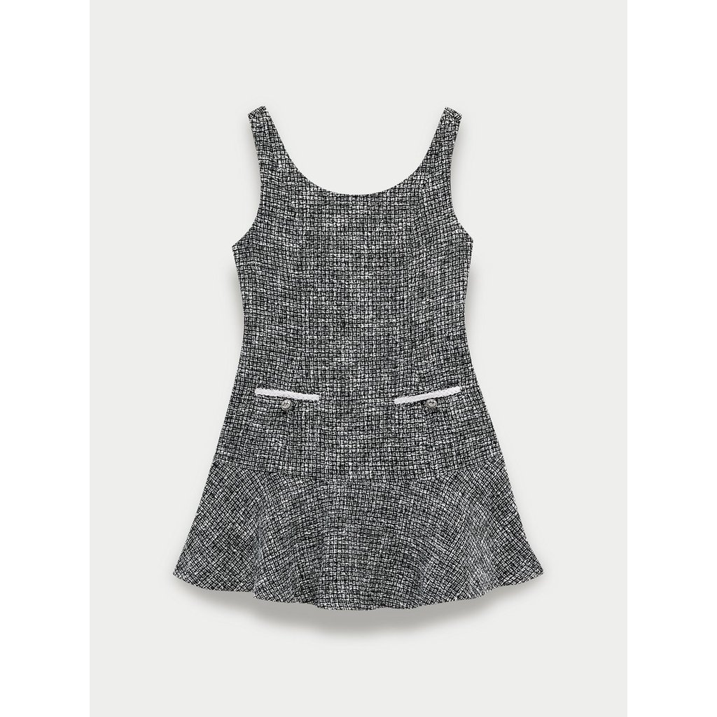 [Pomelo] มินิเดรสผ้าทวีดแขนกุดชายกระโปรงระบายบาน / Sleeveless Scoop Neck Tweed Mini Dress