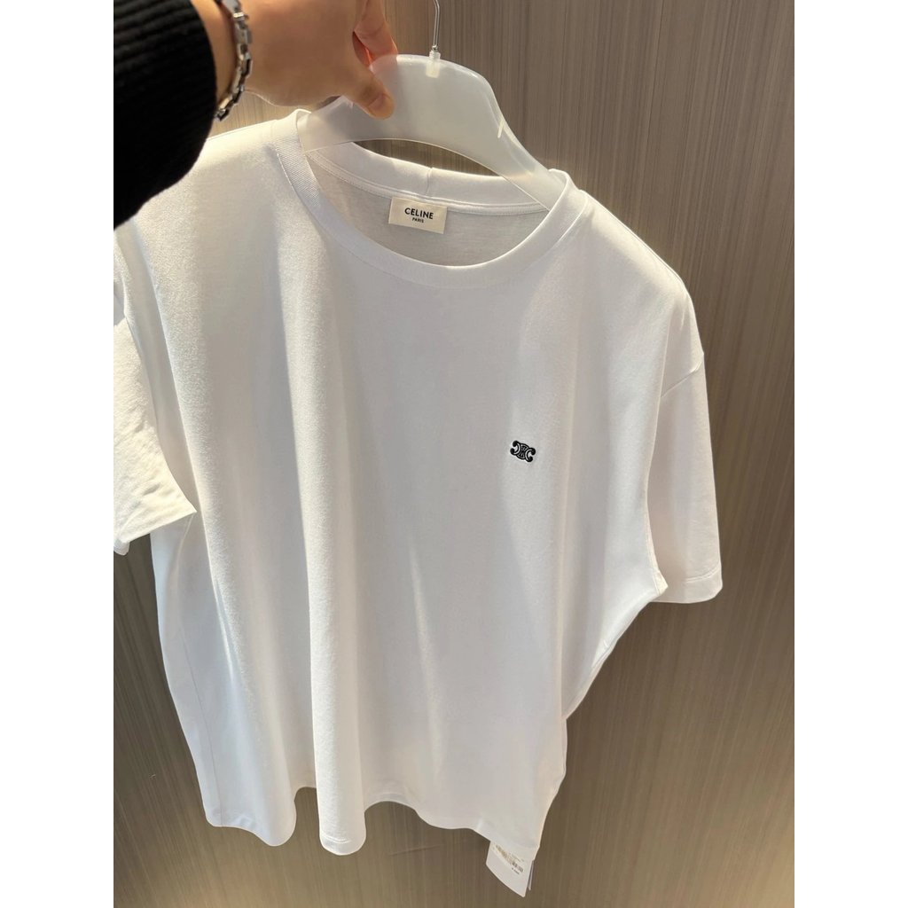 Celine เสื้อยืดแขนสั้นปักลาย Celine Basic Black White Arc de Triomphe สไตล์ใหม่