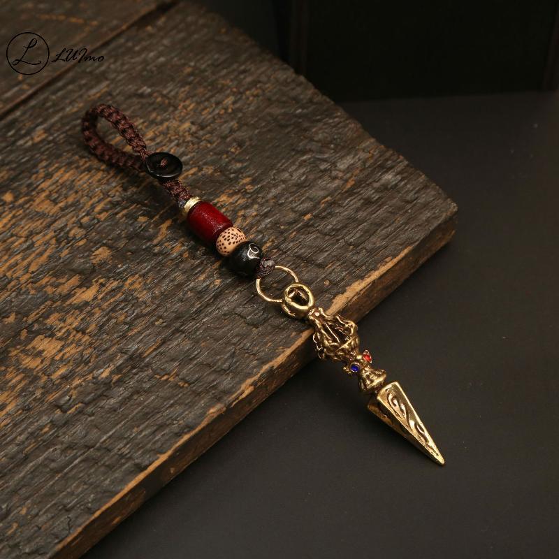 LUImo ทิเบตพุทธ Vajra พวงกุญแจทองเหลืองเพชร Vintage Amulet จี้สําหรับชาย Handmade รถพวงกุญแจเชือกถัก Luy ของขวัญใหม่