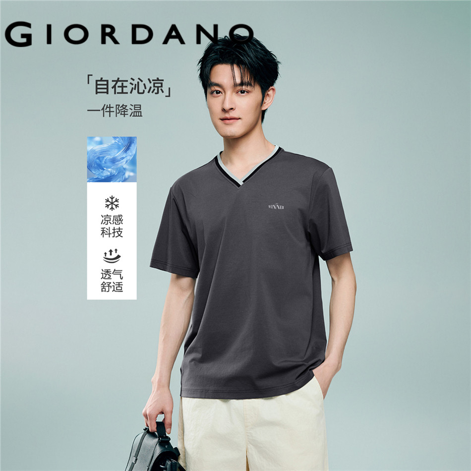 GIORDANO MEN Cooling letter print contrast v-neck tee 13026211