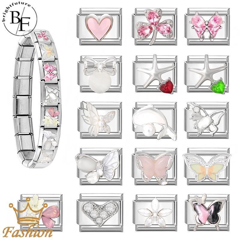 Pearl Dolphin Italian Charm สร้อยข้อมือ สแตนเลส ขนาด 9 มม. DIY เครื่องประดับ สไตล์เรโทร เพิ่มบุคลิกภาพ