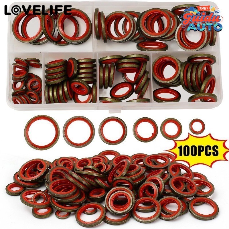[ MOAuto ]Universal Car Oil Drain Plug Washer Kit 100/200pcs Multi-Size M6 M8 M10 M12 M14 M16, ชุดปะเก็นโลหะยางสําหรับเครื่องยนต์บํารุงรักษาน้ํามันเปลี่ยน