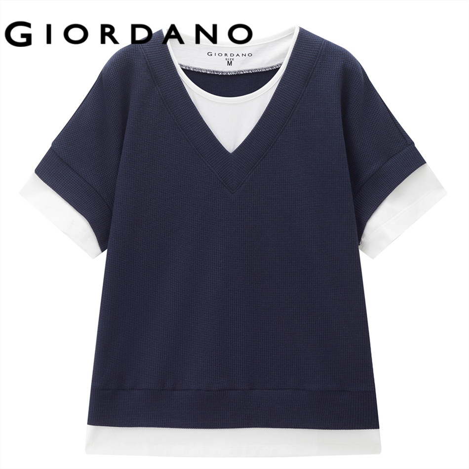 GIORDANO تيشيرت نسائي وافل بطبقتين وهمية — صورة 2