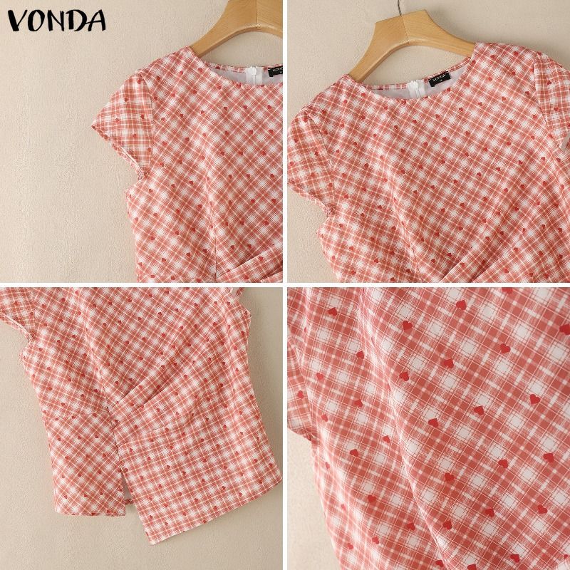VONDA เสื้อลายพิมพ์สำหรับผู้หญิง สไตล์เกาหลี คอกลม แขนสั้น ขอบตัดไม่สม่ำเสมอ — صورة 8