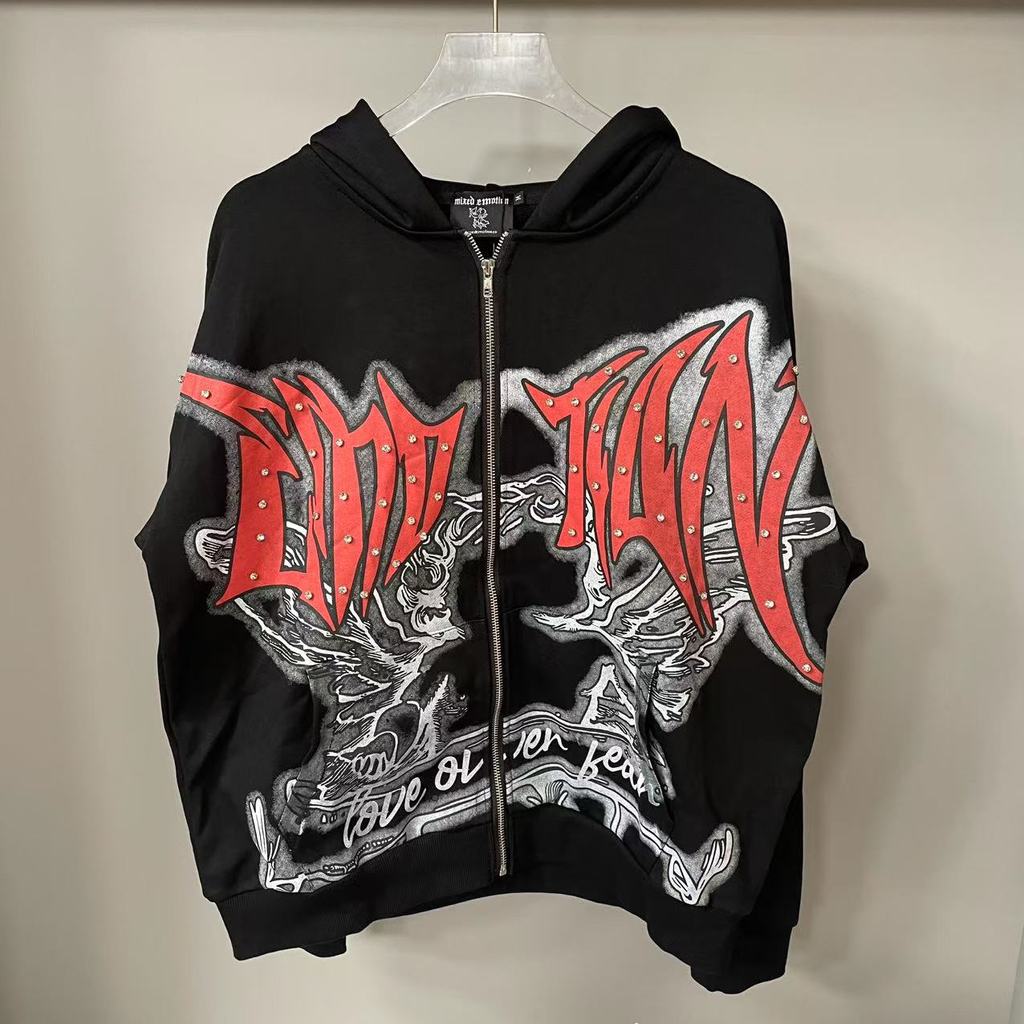 YLSY MIXED EMOTION Hooded sweatshirt with rhinestone letters, same style as the loose casual zip-up 