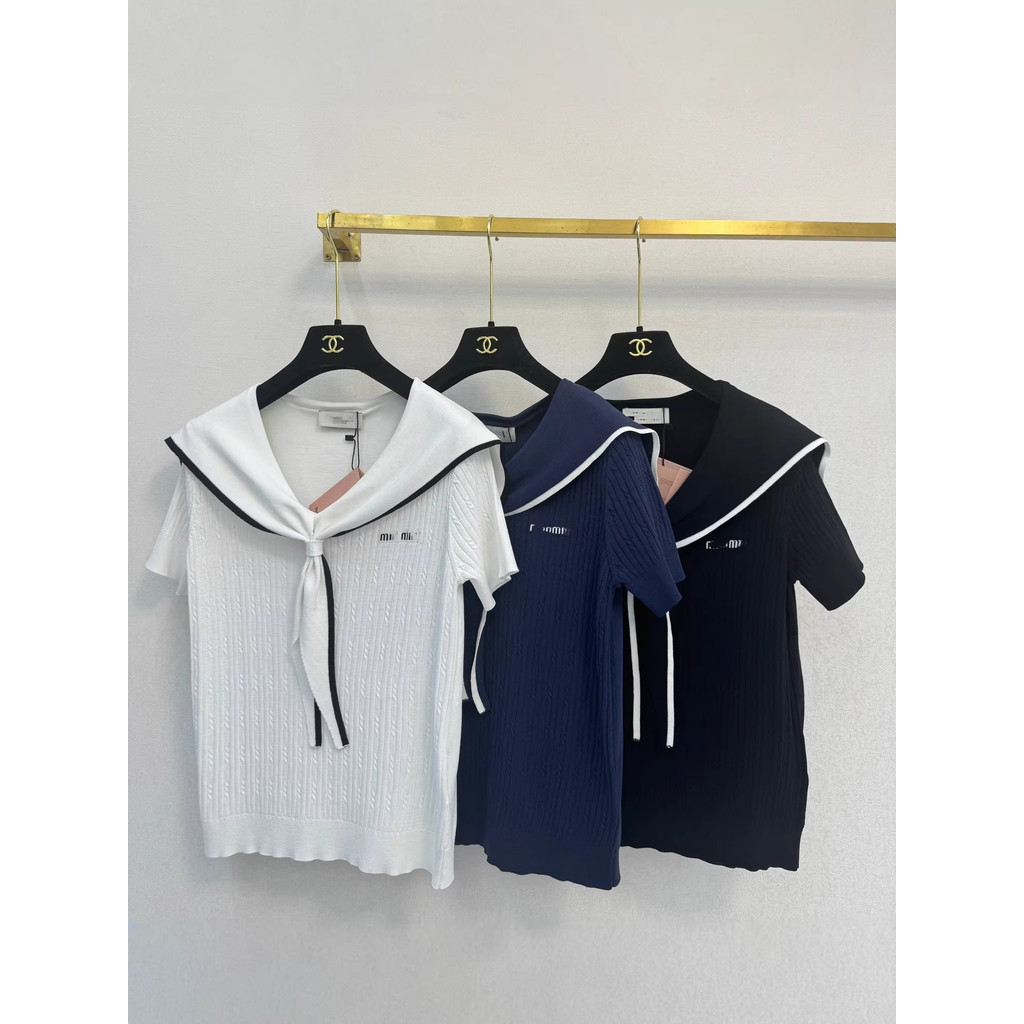 WL01 Mi**iu 2026Sweet summer new Korean-style girl's navy collar short-sleeve knit top, college styl