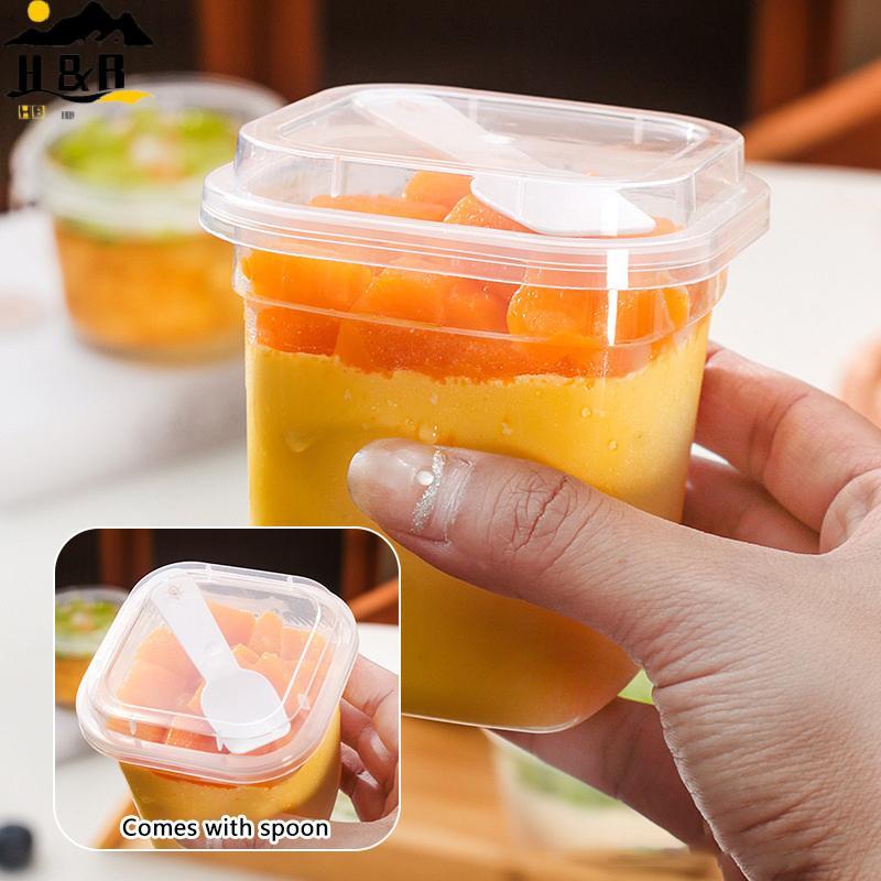 H&B 20PCS พลาสติก 220/280ml ถ้วยขนมหวานพร้อมฝาปิดช้อนพุดดิ้งถ้วยขนมเค้กอาหารเรียกน้ําย่อยเยลลี่โยเกิ