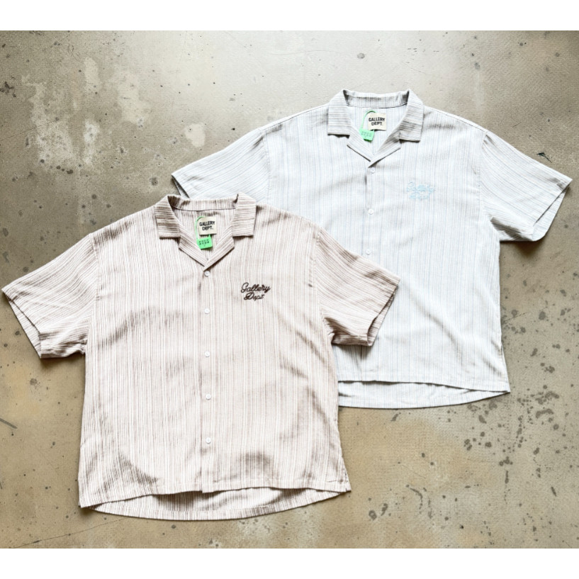 เสื้อแขนสั้นสไตล์ฮาวายหลวมคอคิวบากับลาย Jacquard จากผ้ายาง.Canvas Linen ผสมแนวตั้ง