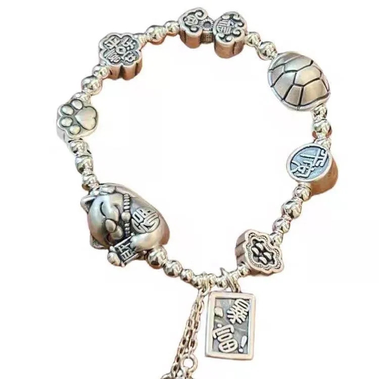 สินค้าของแท้ เงินแท้ 9999 Lucky Cat Rich Armor One Party Get Rich Rich สร้อยข้อมือเงินสเตอร์ลิงหญิงแ