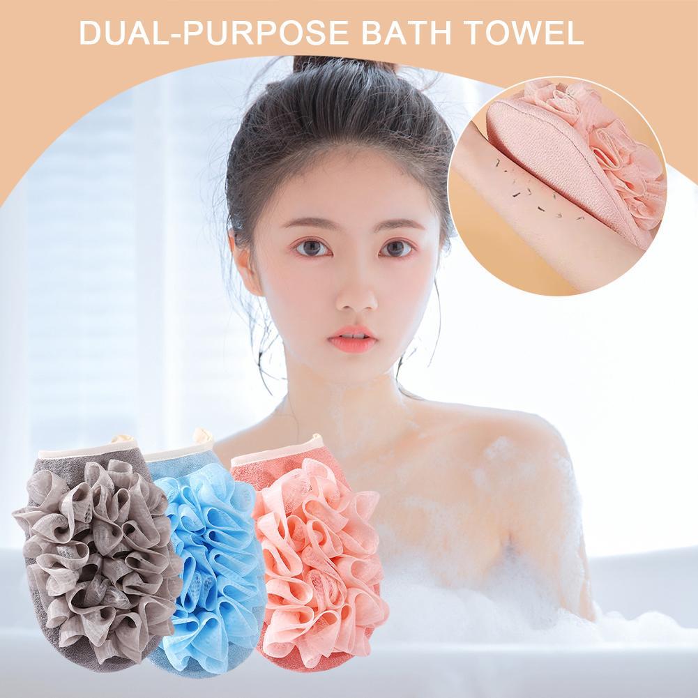 2in1 ถุงมืออาบน้ําสองด้านอาบน้ําถูโคลนอุปกรณ์อาบน้ําผ้าขนหนูเช็ด O3u2