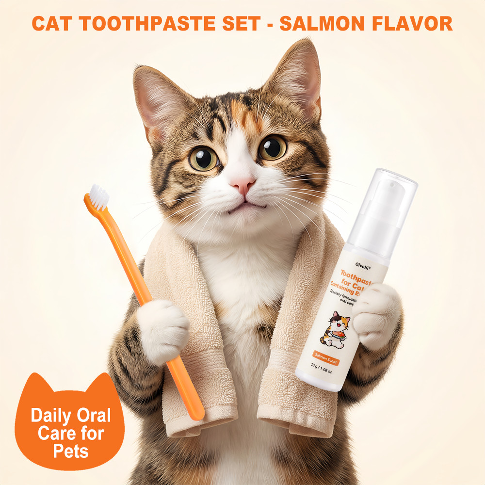 ชุดยาสีฟันแมว Oivolii พร้อมแปรงสีฟันและแปรงนิ้วสูตรเอนไซม์รสปลาแซลมอนสําหรับการดูแลทันตกรรมสําหรับสัตว์เลี้ยง, การกําจัดกลิ่นปาก, การกําจัดคราบหินปูนและหินปูนสําหรับแมว