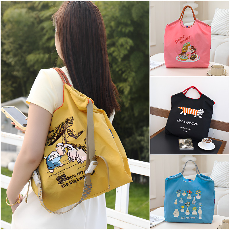2025 กระเป๋า Eco ปัก Fresh Sweet ของญี่ปุ่น: Womens กระเป๋าช้อปปิ้งสะพายไหล่แบบพับได้