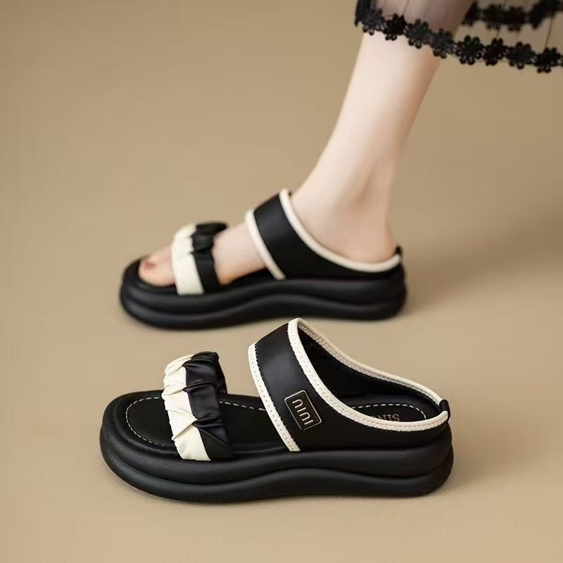Flip-Flops สวมใส่ด้านนอกจับคู่กระโปรงหนาสบายคลาสสิกสีดํา PU พื้นผิวยาง Soled รอบ @-