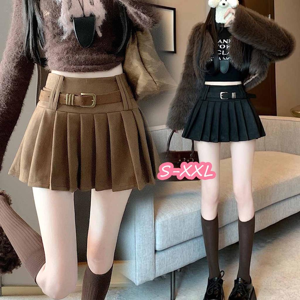 Black#กระโปรงสั้นทรงเอไลน์ผ้ากำมะหยี่อัดพลีทเอวสูงสไตล์เรโทรสุดเซ็กซี่ ใช้งานได้หลากหลายและคุ้มค่า รุ่น99337
