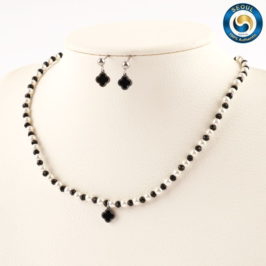 K-Fashion Onyx Clover ชุดสร้อยคอมุกลูกปัดและต่างหู