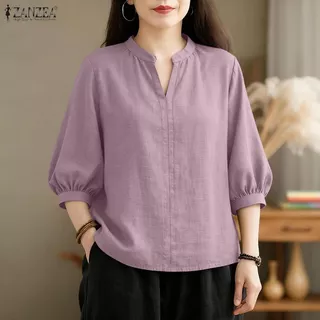 ZANZEA ผู้หญิงสไตล์เกาหลี เสื้อลายเรียบ คอสามส่วนแขนหลวม สไตล์แฟชั่นmodern
