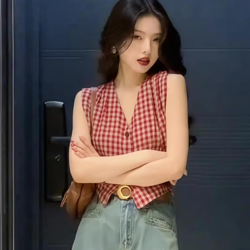 เสื้อเชิ้ตแขนกุดคอวีลายสก๊อตผู้หญิงอายุประมาณ 2025 ฤดูร้อนใหม่เสื้อกั๊กร้อน 2025V สไตล์สก๊อตสำหรับผู้หญิง ราคา ถูกที่สุด ดีลบีเคเค