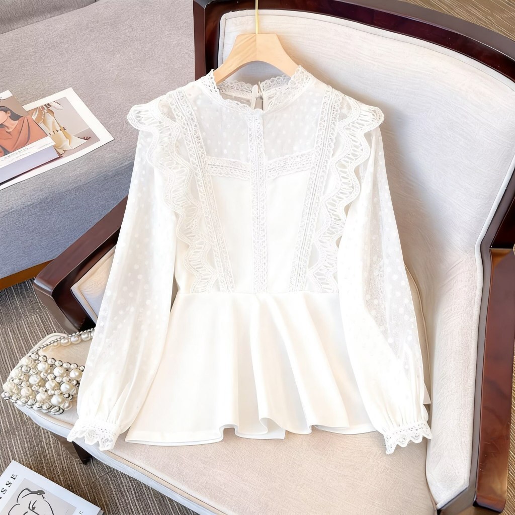 w699 เสื้อเชิ้ตผู้หญิงรุ่นใหม่ แต่งขอบลูกไม้ฉลุลาย ทรงหลวม ดีไซน์สวยงาม เหมาะสำหรับฤดูใบไม้ผลิ