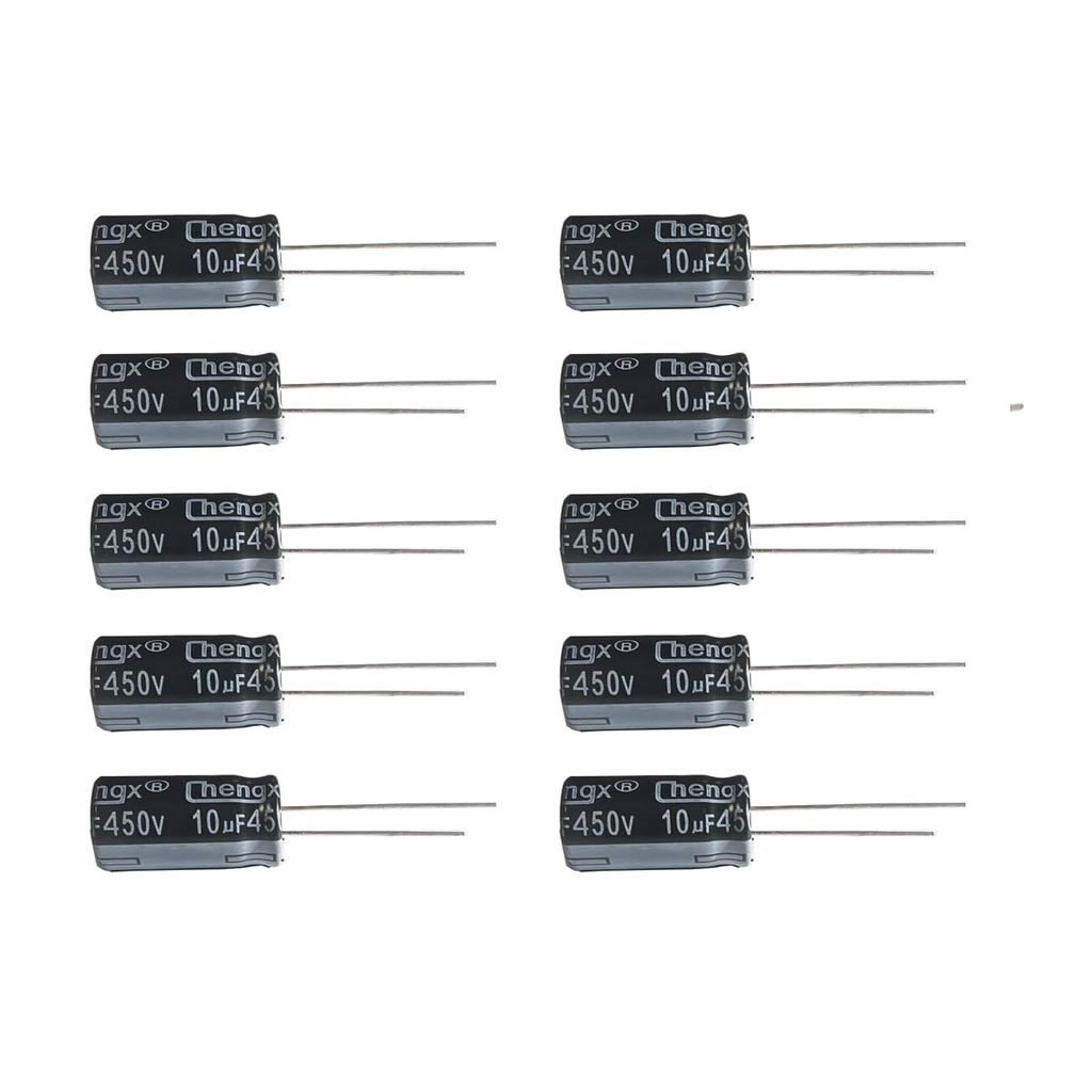 10uF 450V 13X20+/ -20% -25 ถึง+105°C 10PCS ตัวเก็บประจุอลูมิเนียมอิเล็กโทรลีติค, ตัวเก็บประจุ 10uF 4