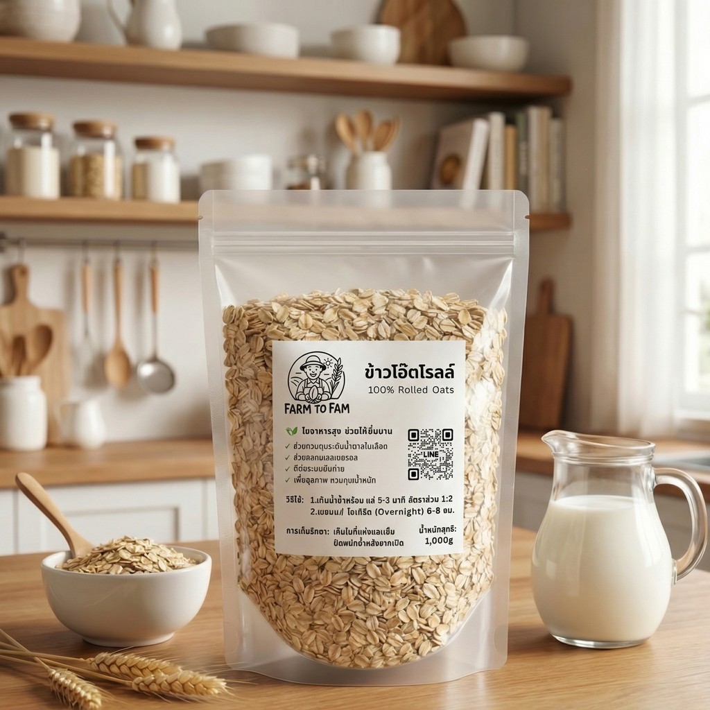 ข้าวโอ๊ตรีดแผ่น 1kg Rolled Oats อบสุกพร้อมทาน Farm to Fam ไม่มีน้ำตาล ไฟเบอร์สูง ธัญพืช โอ๊ตมีล คลีน