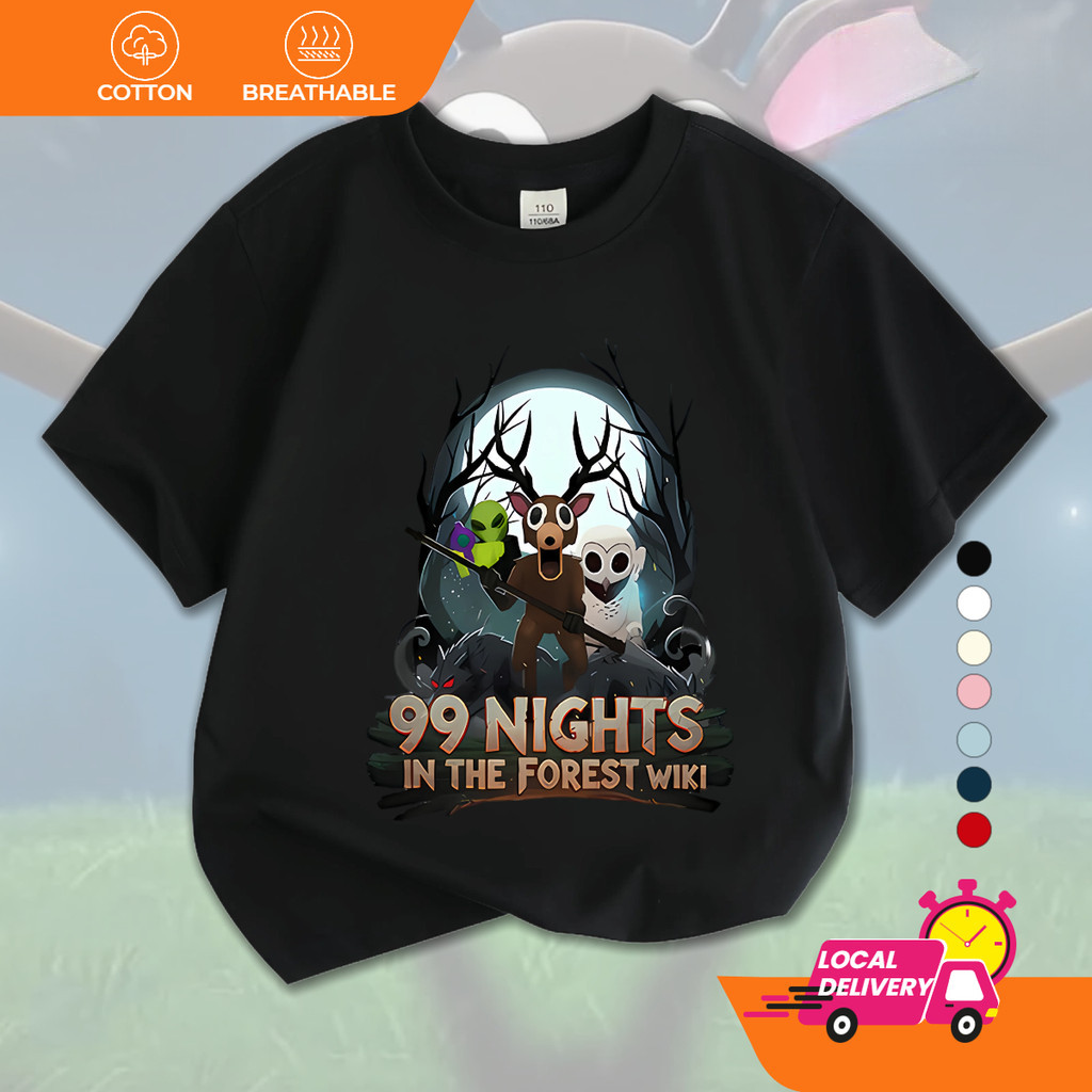 220G 100% Cotton DUDU Budak Roblox 99 Nights in the Forest Cotton Top Deer & Owl พิมพ์เด็กรอบคอ Tee