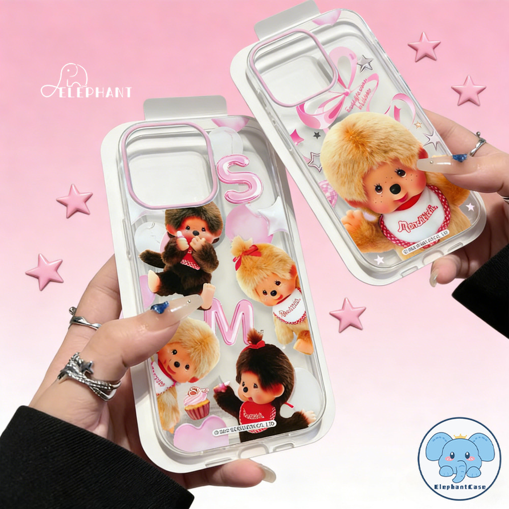 เคสไอโฟน17 สำหรับIPhone 17 11 15 13 Air 12 16 14 Pro Max X XR 14 7 16 15 8 Plus SE เคสใส Monchhichi ลายตัวละครนุ่มสีชมพู