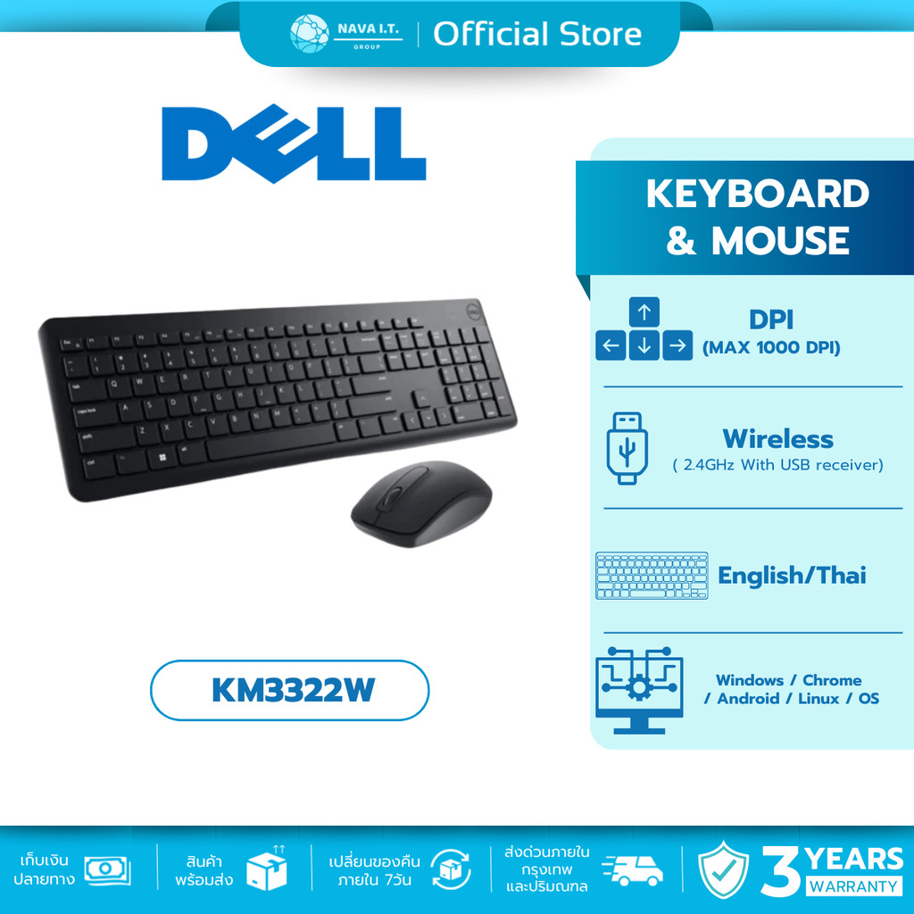 (มีส่งด่วน) DELL (คีย์บอร์ดและเมาส์) WIRELESS KM3322W EN-TH รับประกัน 3 ปี