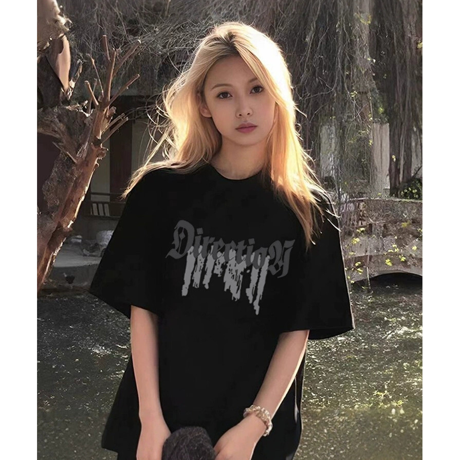 COD Street Style Design พิมพ์ผ้าฝ้ายแท้สีดําแขนสั้นเสื้อยืดผู้หญิงหลวม Slimmer ดู Niche ครึ่งแขนอินเ