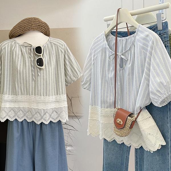 mimi&didi#เสื้อแขนสั้นปักลายลูกไม้ไซส์ใหญ่สำหรับผู้หญิง ดีไซน์โบว์ผูกคอ เสื้อทรงเบบี้ดอลล์แขนพองสำหรับฤดูร้อน#99367