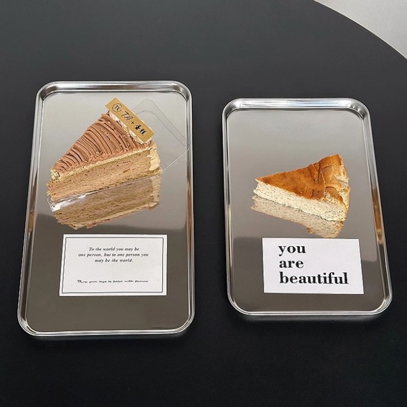 SUNNY ถาดสเตนเลส ins ทรงสี่เหลี่ยม ถาดขนม ถาด จาน ถาดหลุมสแตนเลส สําหรับใส่ขนมหวาน เค้ก คาเฟ่ - รูปที่ 3