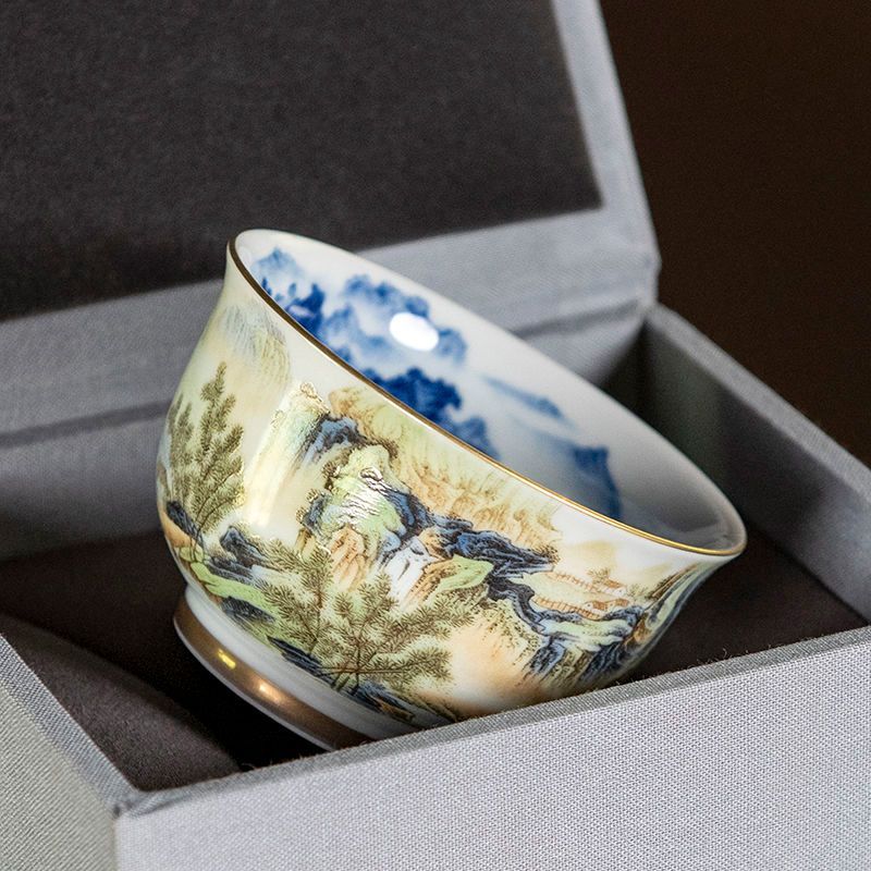 Jingdezhen สีเคลือบ Master ถ้วย Fuchun Mountain Residence Kung Fu ชุดชาถ้วยชาสีฟ้าสีขาวภูมิทัศน์ถ้วย