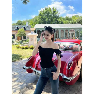 VaVa【ในสต็อก】เสื้อยืดแขนสั้นผ้าลูกไม้เปิดไหล่สำหรับผู้หญิง สไตล์ฤดูร้อน ทรงเข้ารูปช่วงเอว เปิดไหล่ เซ็กซี่