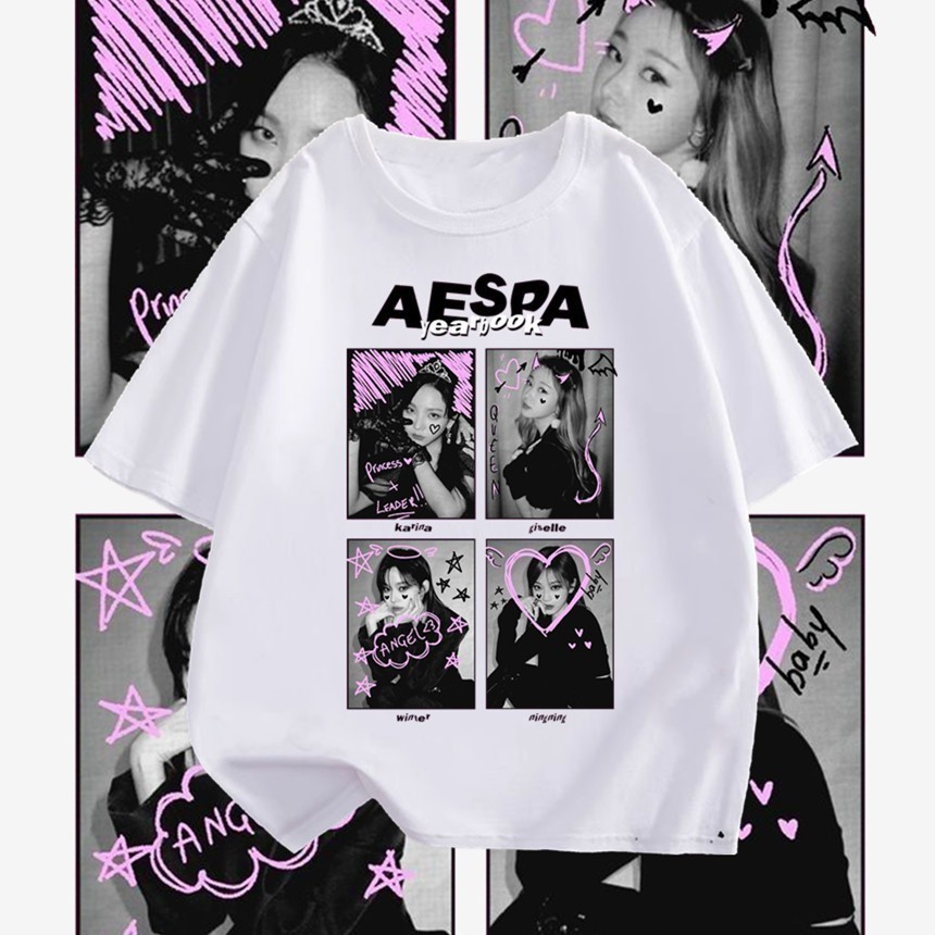💖💯 AESPA คอนเสิร์ต aespa เสื้อยืดคอตตอน S - 5XL แฟชั่น เสื้อยืดคอกลม