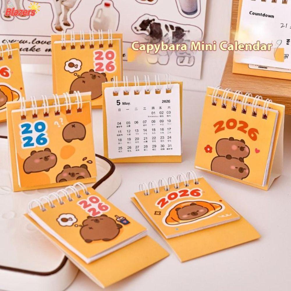 BLAZERS Capybara Mini ปฏิทินตั้งโต๊ะ, แบบพกพามินิ 2026 ปฏิทินตั้งโต๊ะ, การ์ตูนน่ารักรายเดือนวางแผนเครื่องเขียนอุปกรณ์อุปกรณ์เสริม