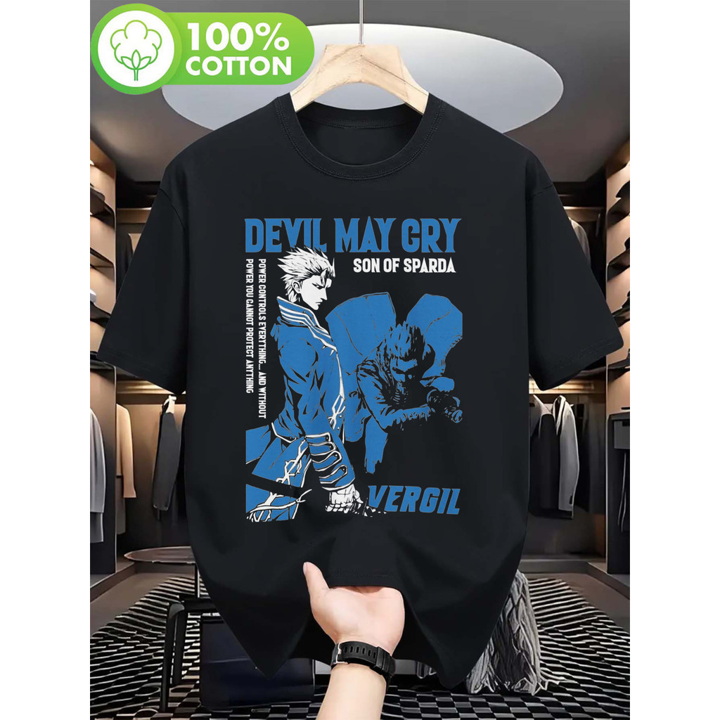 ทีเชิ้ตผ้าฝ้ายสีดำสำหรับผู้ชาย พิมพ์ลาย "Devil May Cry" ลูกชายของ Sparda Vergil - คอวีแบบสบาย