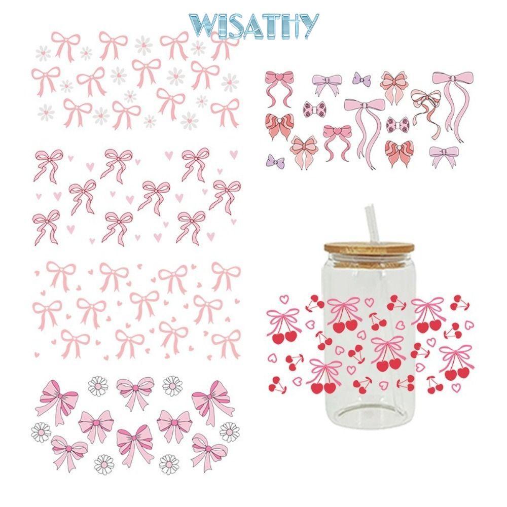 WISHATHY Wrap Stickers, Waterproof UV DTF Transfer Stickers, Smooth Pink Bow Decals สําหรับถ้วยแก้ว 