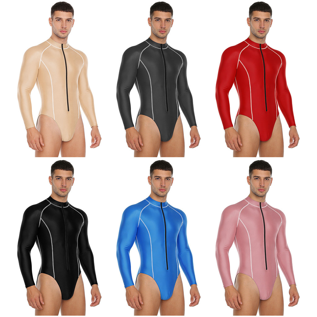 Kvysinly Mens Glossy บอดี้สูทชายคอยาวแขนยาวซิปด้านหน้า Leotard Jumpsuit Rash Guard สําหรับชายหาดท่อง