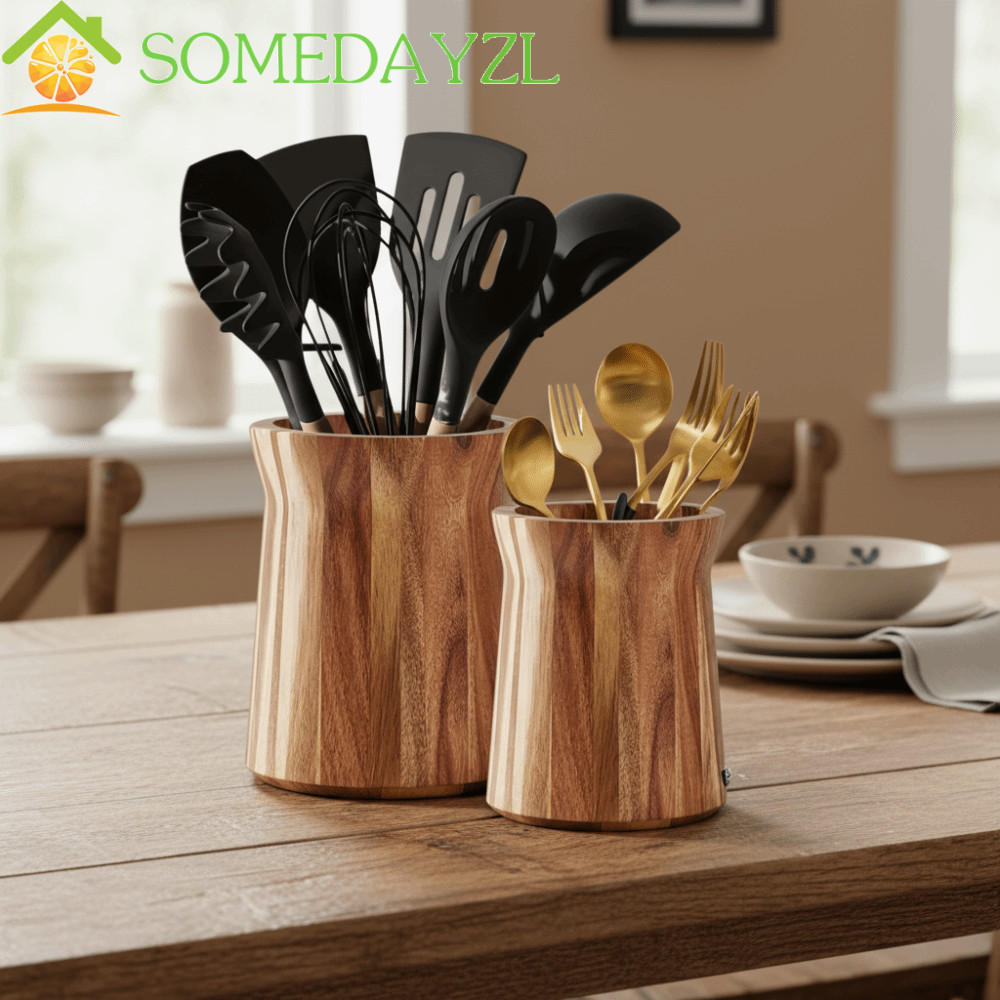 SOMEDAYZL ที่วางภาชนะหมุนได้ 360 องศา, กล่องเก็บช้อนส้อมพื้นผิวเรียบสี่เหลี่ยมคางหมู, ไม้ในครัวเรือนสไตล์บ้านไร่ช้อนส้อมห้องนั่งเล่น