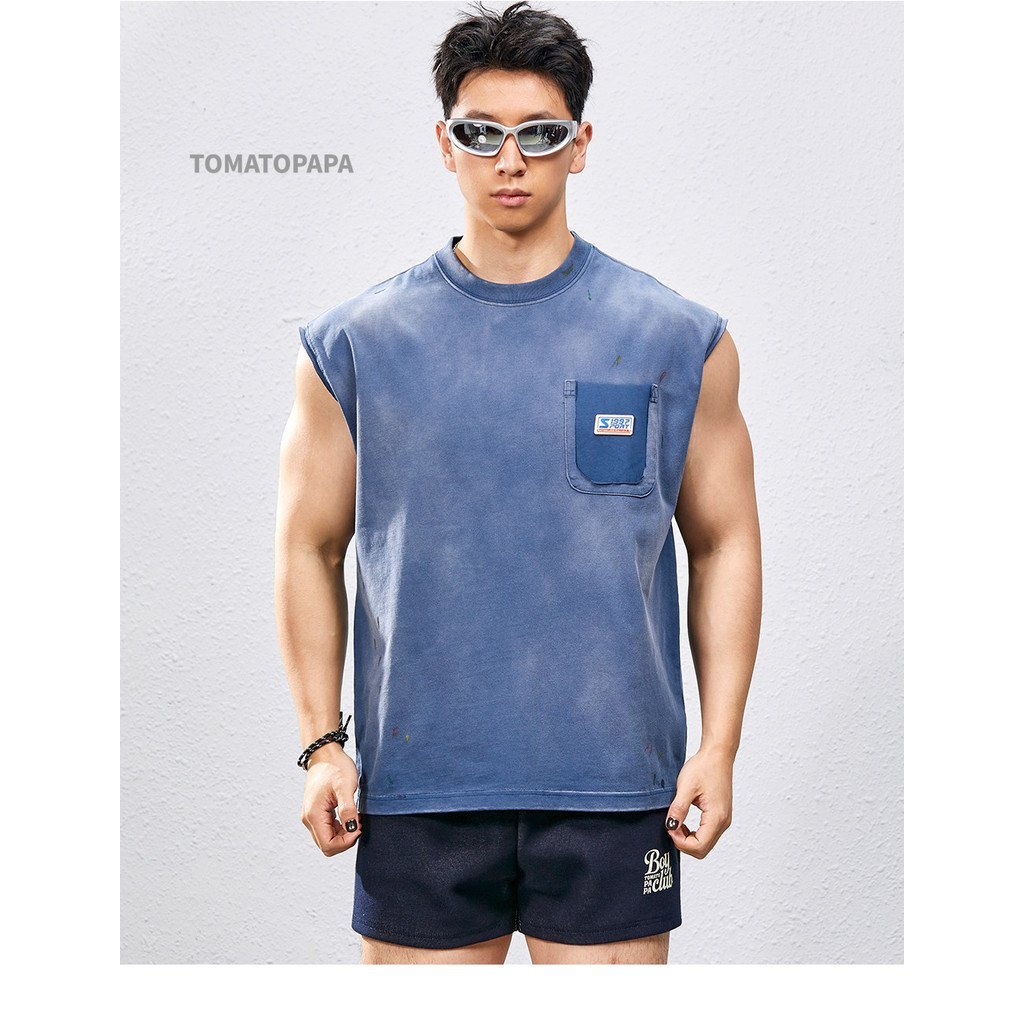 มะเขือเทศปาป้า เสื้อกั๊กผู้ชายหลวมเสื้อกั๊ก-แฟชั่นที่ไม่ซ้ํากันมัดย้อมสาดหมึกรอบคอเสื้อสวมหัวสบายๆดูดซับเหงื่อ