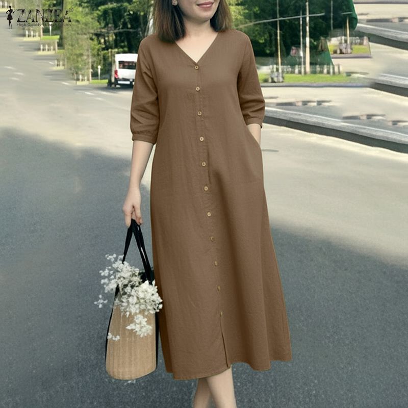 ZANZEA กระโปรง midi a-line สไตล์เกาหลี คอวีแขนยาว 3/4 เหมาะสำหรับใส่ทำงานหรือลำลอง — صورة 4