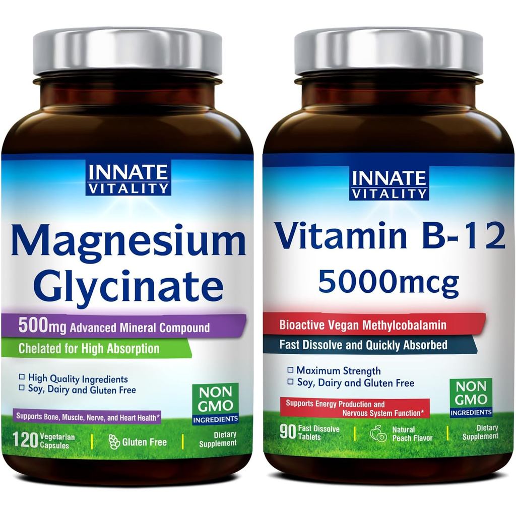Innate Vitality Magnesium Glycinate & Vitamin B12 Bundle, No Gluten & Vegan, Magnesium (120 Caps) & 