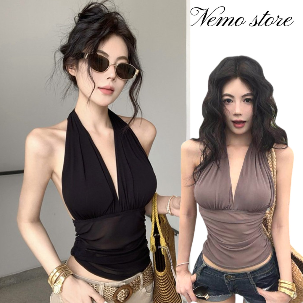 Nemo store🌸# FY9345 เสื้อคล้องคอ เว้าหลังอก ซทรูสีพื้นยืดใส่สบายมาก สาวเซ็กซี่น่ารักไม่ไหว