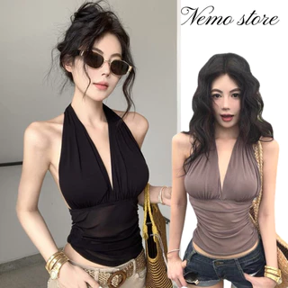 Nemo store🌸# FY9345 เสื้อคล้องคอ เว้าหลังอก ซทรูสีพื้นยืดใส่สบายมาก สาวเซ็กซี่น่ารักไม่ไหว