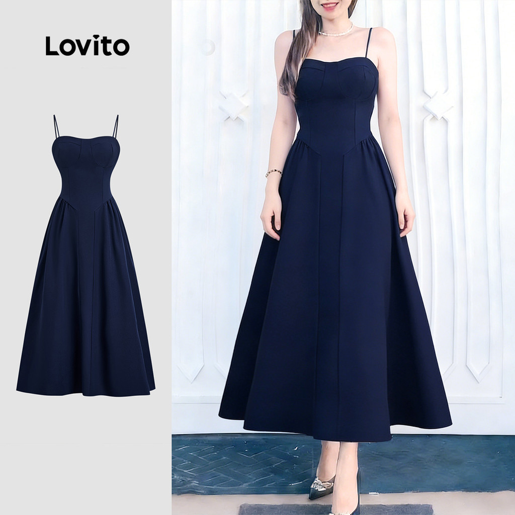 (NEW) Lovito  เดรสลําลองจับจีบเปิดไหล่สีน้ําเงินเข้มสําหรับผู้หญิงในฤดูใบไม้ผลิ/ฤดูร้อน LBL32166 – โปรปัง