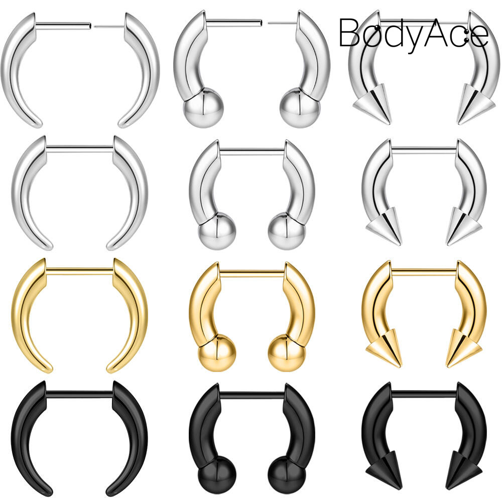แหวนจมูก Bodyace สแตนเลส ขนาด 16G ปลั๊กสำหรับเจาะจมูก พร้อมต่างหูทำจากเขาโค