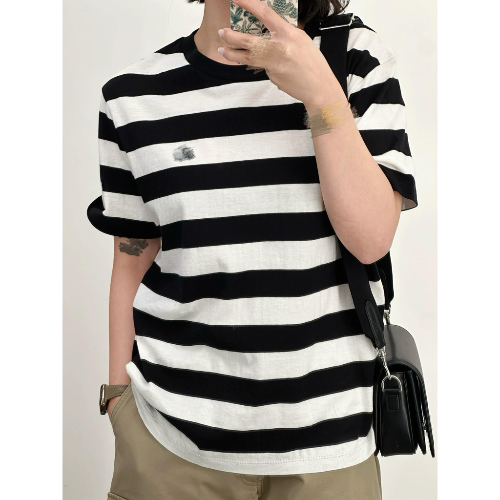 4RQI CEL* Striped short-sleeve shirt with chest embroidery in mercerized cotton T Couple's T-shirts 