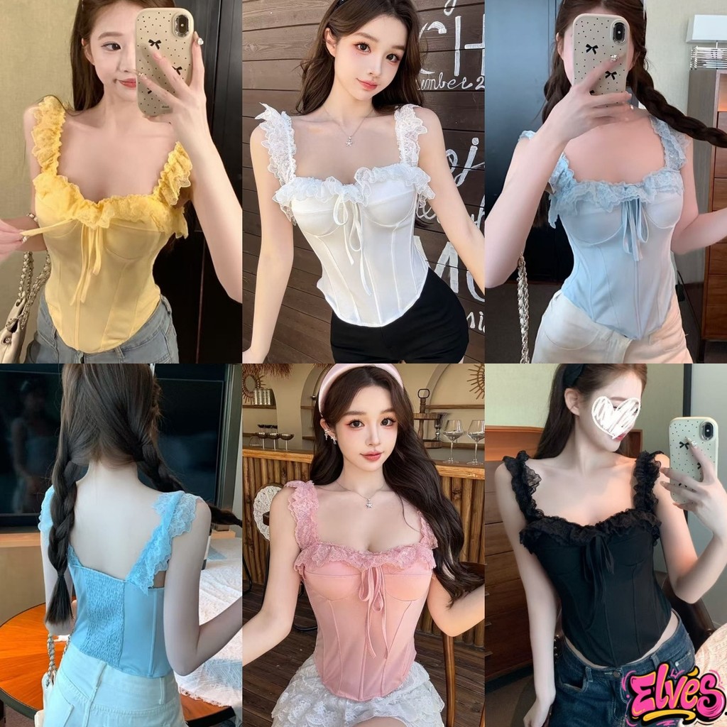Elves พร้อมส่ง💟เสื้อสายเดี่ยว ดีเทลลูกไม้แต่งเชือก ทรงคอร์เซ็ท เข้ารูป มีฟองน้ำ สีพาสเทล สายเดี่ยว"FY7016"