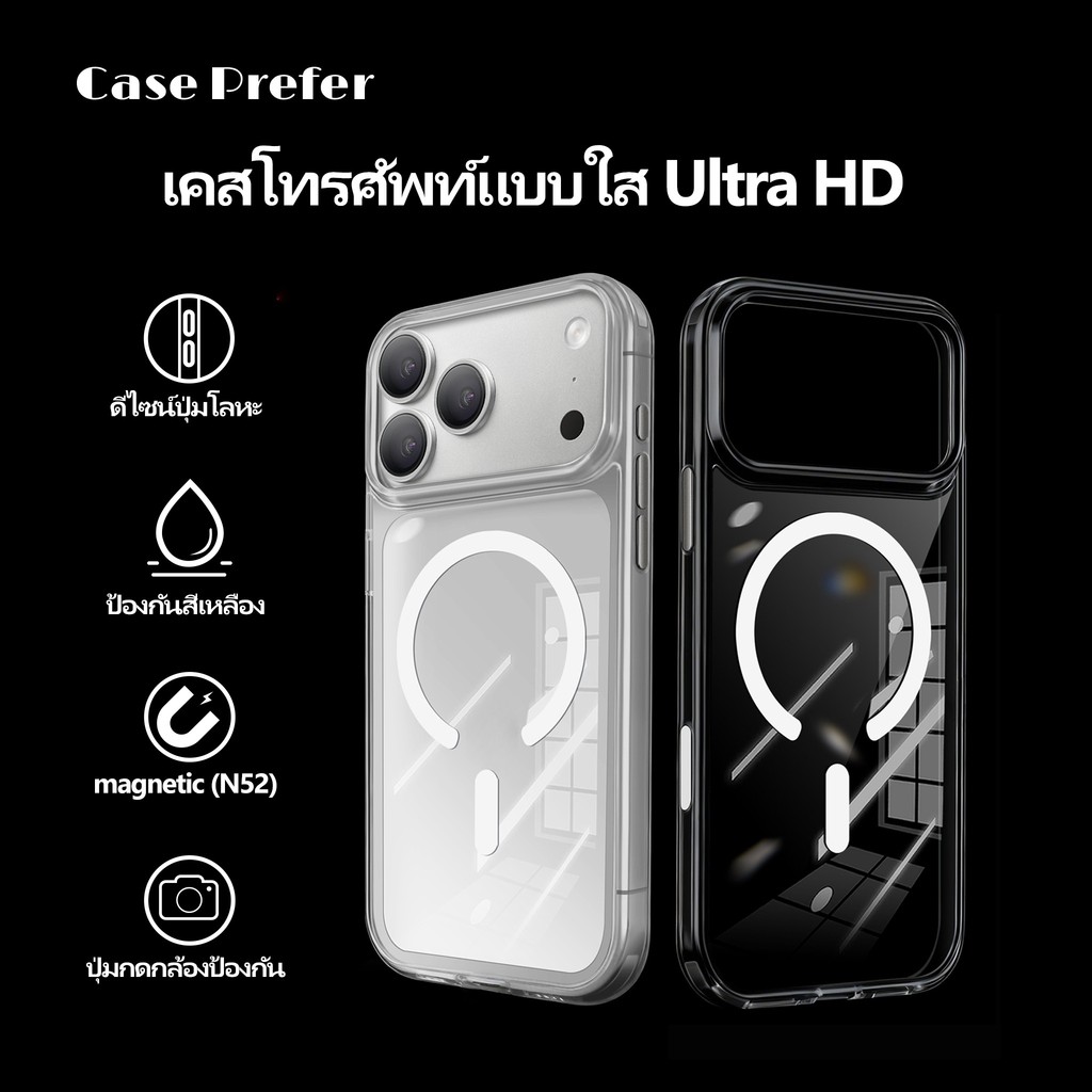 Case Prefer พร้อมปุ่มกล้อง แม่เหล็ก กันกระแทก เคสใส เคส ใช้สำหรับ iPhone 16 17 Pro Max Plus | Soft TPU Magnetic Clear Case